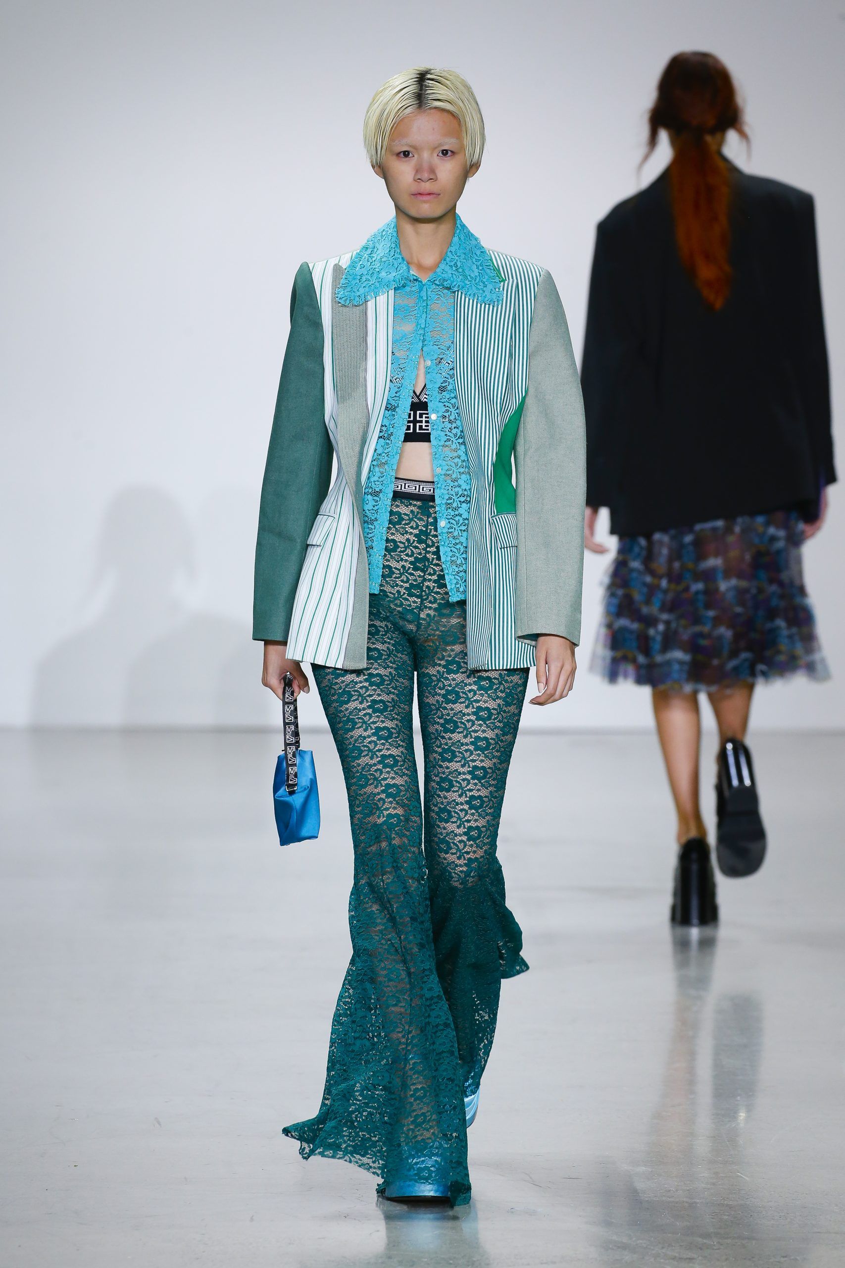 Female model with blue and green outfit at Metaverse, Past, Present, and Future SS23 show at New York Fashion Week 